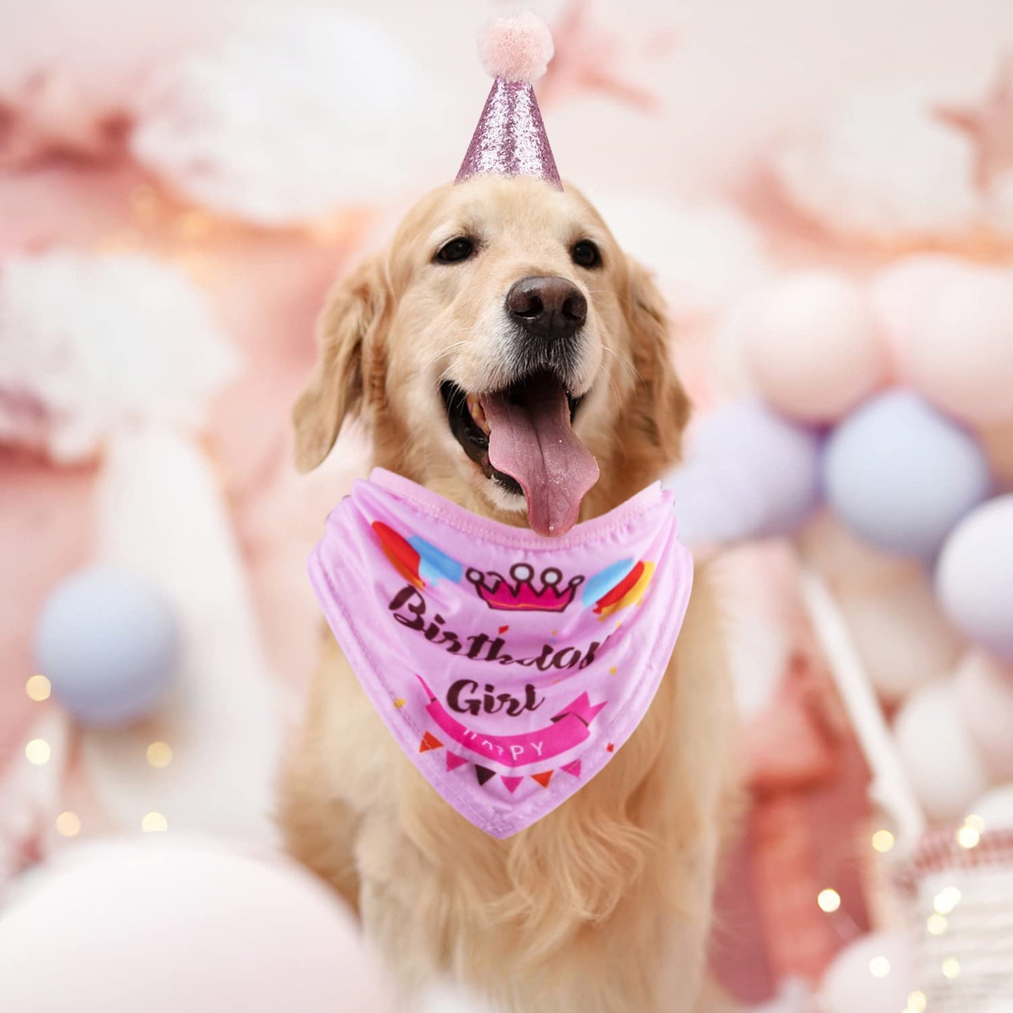 Dog Birthday Party Supplies - Bandana Hat Banner Set with Boy & Girl Cute Bow Tie Scarf - Dog Birthday Decorations (Pink, Girl)
